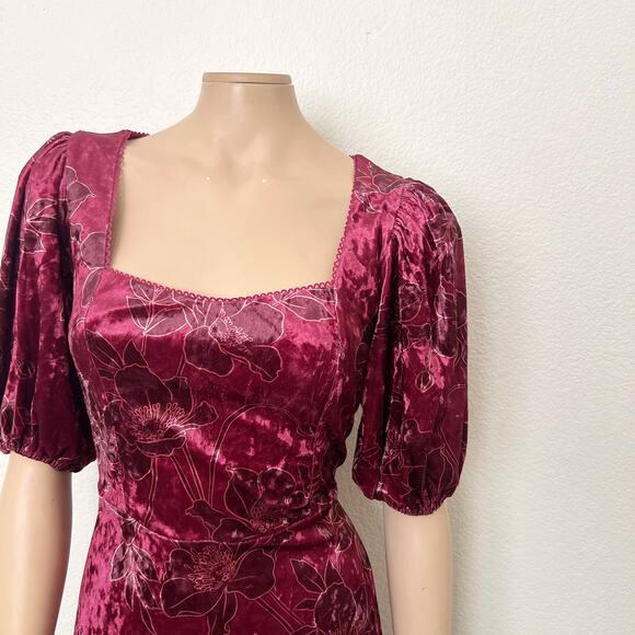 [Rachel Parcell] Maroon Floral Velvet Puff Sleeve Ruffle Mini Dress NWT Size 10 - Picture 8 of 12